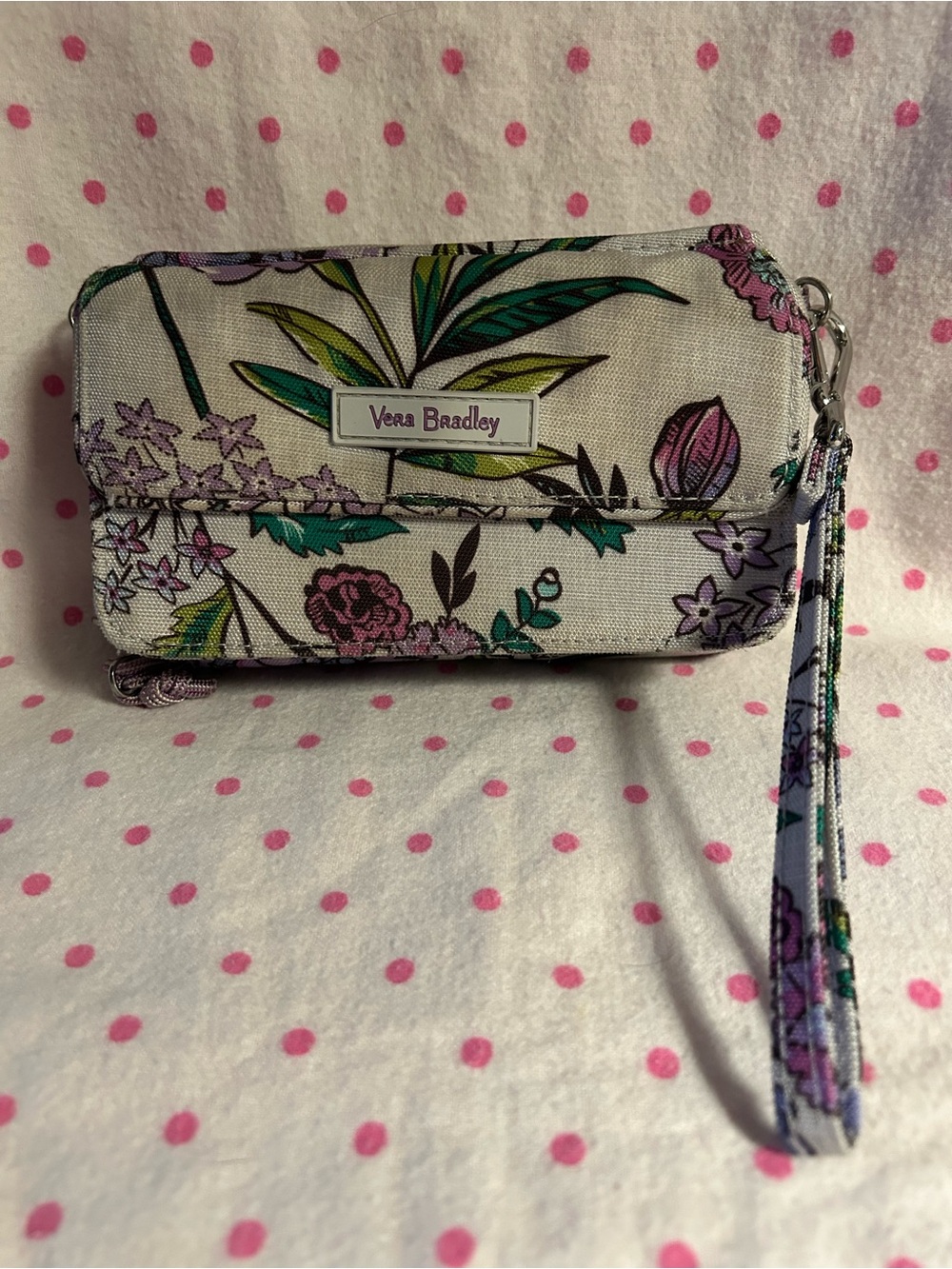 Vera Bradley Cream Floral Wristlet with Purple & Green Accents